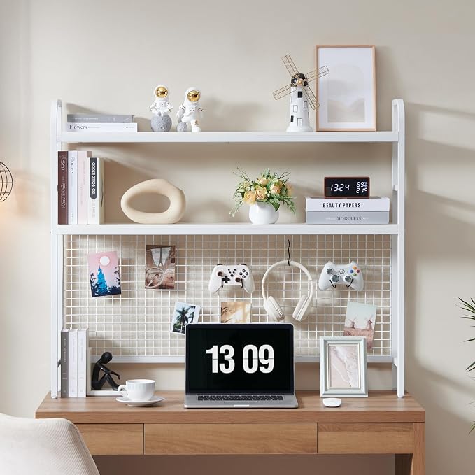 Desktop Hutch Shelf Organizer, 2-Tier Metal & MDF Desk Bookshelf with Grid Panel and Hooks for Office & Dorm (White, 45.3")