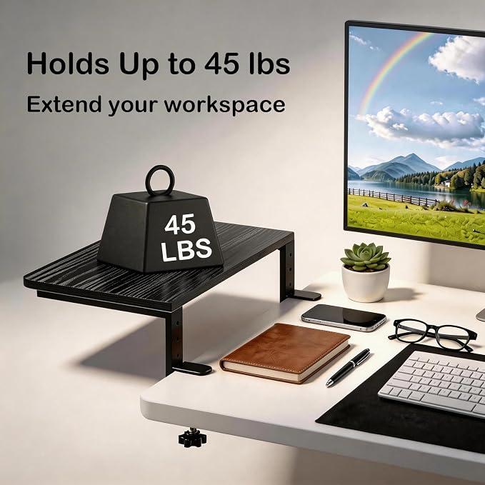 Desk Extender, 15-inch Desk Clamp Shelf, Height Adjustable Desktop Organizer for Office, Game Room, Kitchen and Studio (Black)