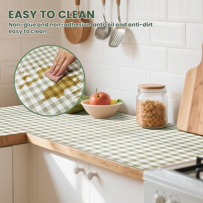 Drawer Liner and Shelf Liner for Kitchen Cabinet Liner Non-Adhesive Non-Slip Shelf Paper, Thick Strong Grip Waterproof Easy to Clean for Shelves, Cupboard, Desks, Green Plaid Pattern, 23.6 in x 10 FT