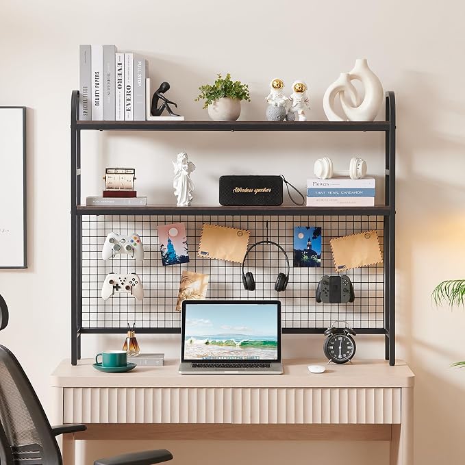 Desktop Hutch Shelf Organizer, 2-Tier Metal & MDF Desk Bookshelf with Grid Panel and Hooks for Office & Dorm (Rustic Brown, 45.3")