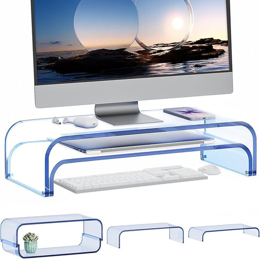 Acrylic Dual Monitor Stand Riser 2 Tier, Modular Laptop Stand for Desk, Multifunctional Desktop Organizer Shelf for PC, iMac, Printer, Detachable Monitor Stand for Office or Home, Blue