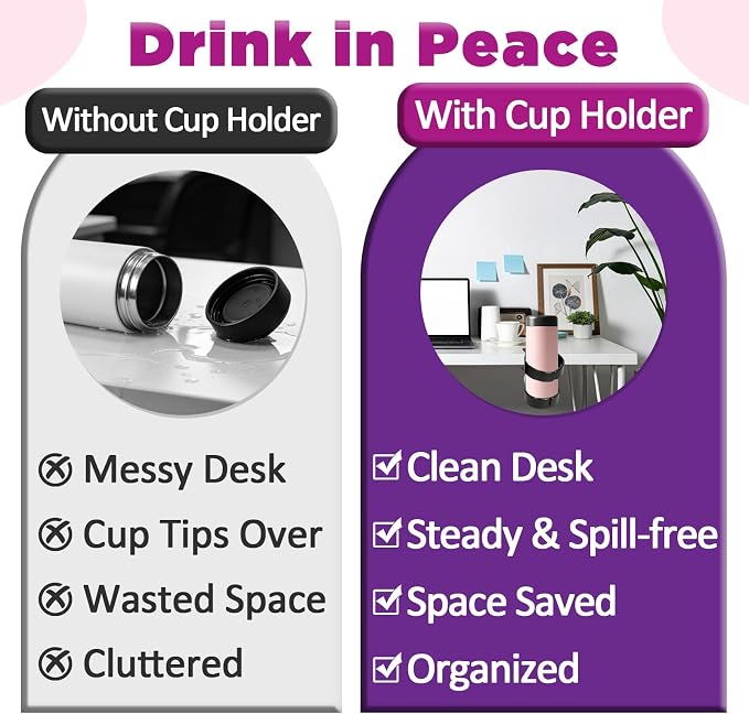 4Pcs 2-in-1 Desk Cup Holder, Compatible with Stanley and Owala Water Cup | Adjustable Anti-Spill Tumbler Clamp Organizer with Hook, Ideal for Office and Home Workstation (Black)