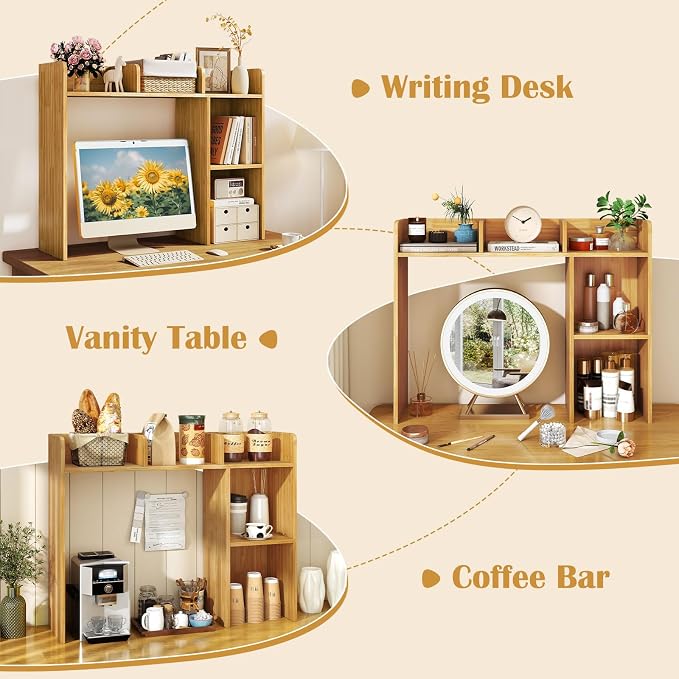 Desktop Bookshelf, 3-Tier Desk Organizer Shelves with 5 Display Rack, Countertop Storage Bookcase for Computer Desk, Desk Hutch Shelf for Top of Desk, Dorm, Home, Office (Oak)