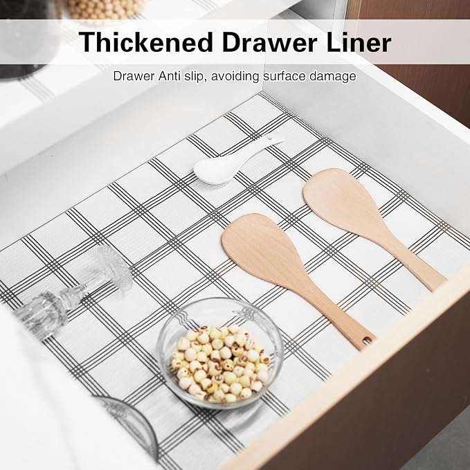 Drawer and Shelf Liner for Kitchen Cabinet,Non-Adhesive Cabinet Liner 18in x 10FT,Waterproof Shelf Paper Non-Slip Mats Cupboard Liners Contact Protect Dresser/Shelves/Table-White Stripes