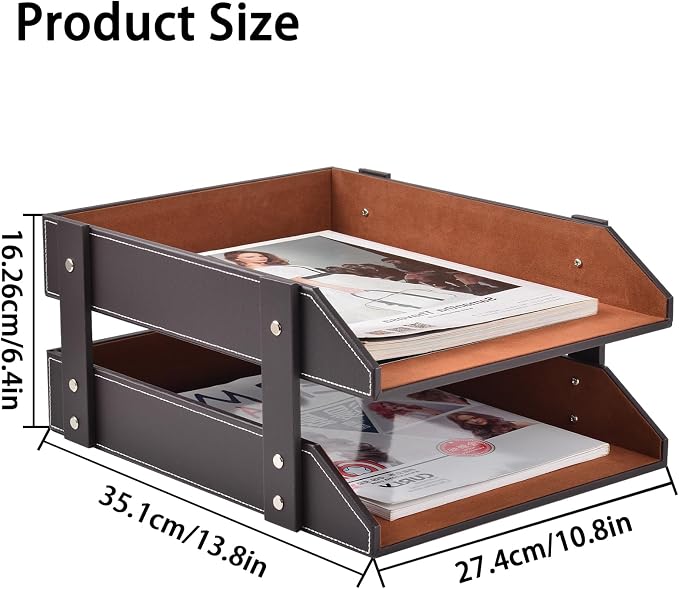 Leather Desk Organizer,2-Tier Stackable Letter Tray Holder,Office Supplies Desktop Storage Box for Document,Stationery,Magazines,Newspapers,Letters and Other Home Office Paper Sundries,Coffee