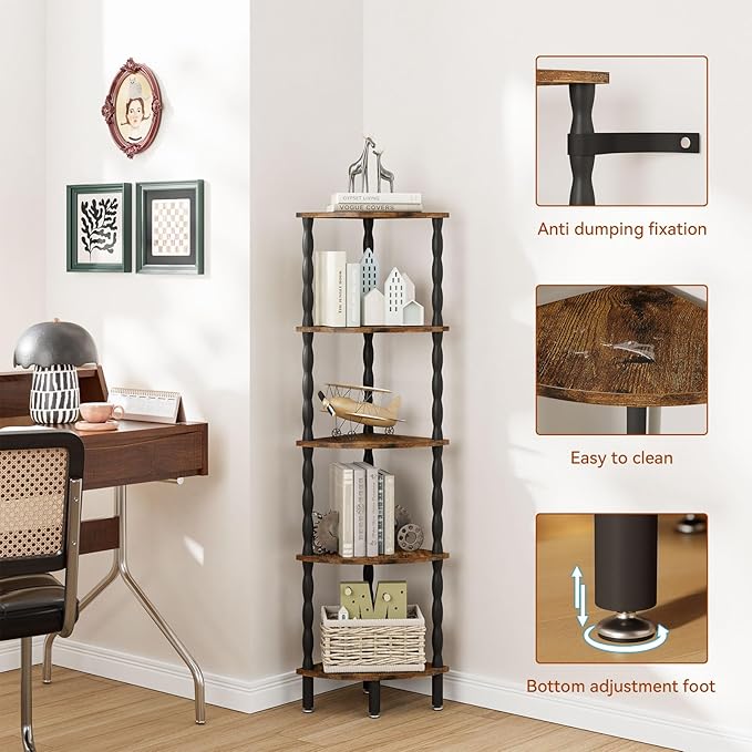 IBUYKE 5-Tier Corner Shelf,Stylish Corner Bookshelf for Small Spaces,Industrial Corner Storage Display Shelves,Small Corner Table for Bedroom,Bathroom,Kitchen, Brown WBC020H
