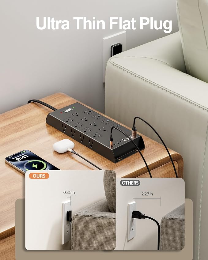 Surge Protector Power Strip 4800J, LeZone 10Ft Long Extension Cord Flat Plug, 20 Outlets 8 USB Ports(4 USB-C), Wall Mountable, Desk Charging Station, Black