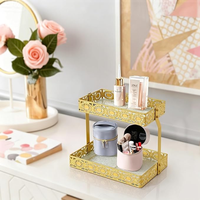 xiaojuande-Two Layer Glass Storage Tray with Portable Dressing Table Skin Care Product Organization Rack Corner Storage Rack for Bathroom Counter High-end Light Luxury Display Plate - Gold (Gold)