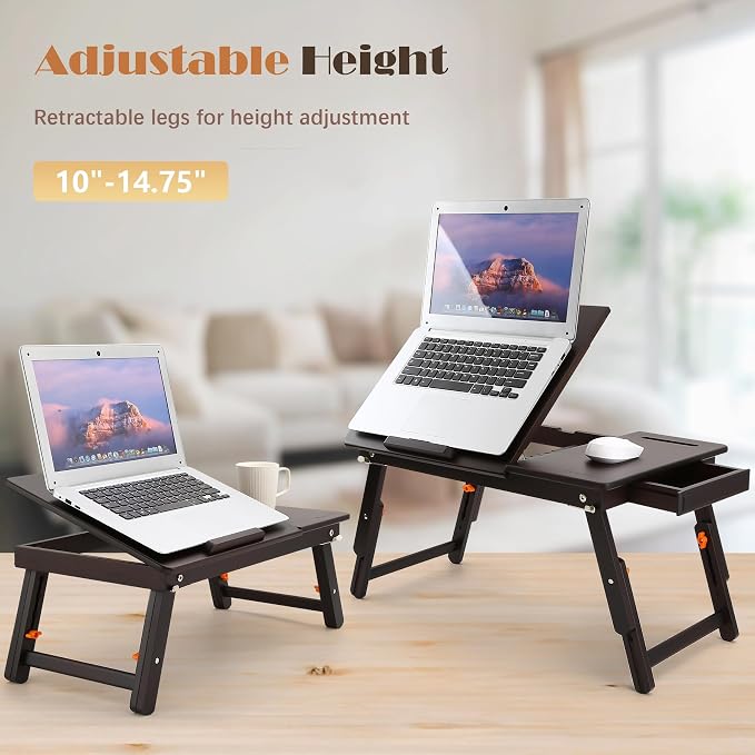 Laptop Desk for Bed with Fan Nnewvante 7 Angles & 4 Heights Adjustable Bamboo Laptop Table Foldable Lap Desk with Drawer and Phone Slot for Bed Floor Sofa, Black Walnut
