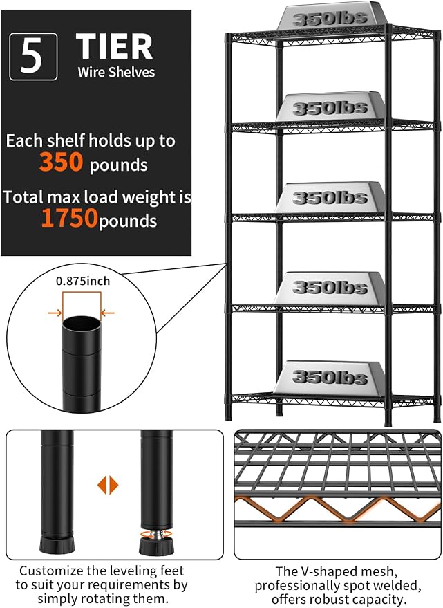 Golpart 5 Tier Heavy Duty Adjustable Storage Shelf Organizer Storage Metal Shelves Garage Wire Shelving Unit Pantry Rack 18" D x 36" W x 71.25" H,Black