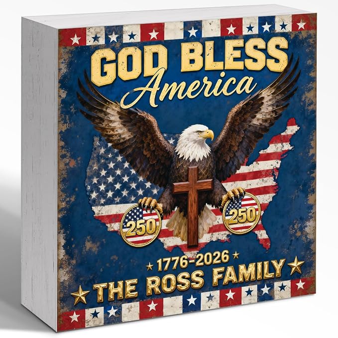 Patriotic Wooden Box Sign,God Bless America Eagle 4th Of July Signs Home Decor,Independence Memorial Day Block Sign for Desk Shelf Tabletop Decor