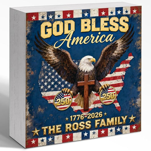 Patriotic Wooden Box Sign,God Bless America Eagle 4th Of July Signs Home Decor,Independence Memorial Day Block Sign for Desk Shelf Tabletop Decor