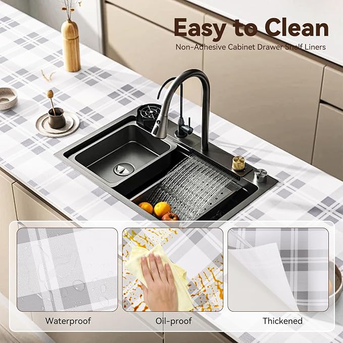 Drawer Shelf Liner for Kitchen Cabinets, Non Adhesive Slip Resistant Shelf Paper Easy to Clean, Strong Grip Thickened Waterproof Washable Mats for Pantry Shelves Cupboard Dresser(Grey, 24 in x 30 FT)