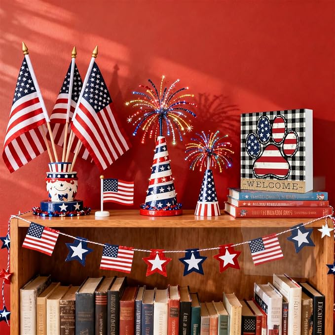 Patriotic Wooden Box Sign,Welcome Dog Paw 4th Of July Signs Home Decor,Independence Memorial Day Block Sign for Dog Lovers Shelf Tabletop Decor