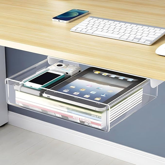 SVNNELP Large Under Desk Table Drawer Storage Organizer A4,Desk Accessories & Workspace Organizers,Hidden Self-Adhesive Under Table Pencil Tray Drawer for Office(Clear White)