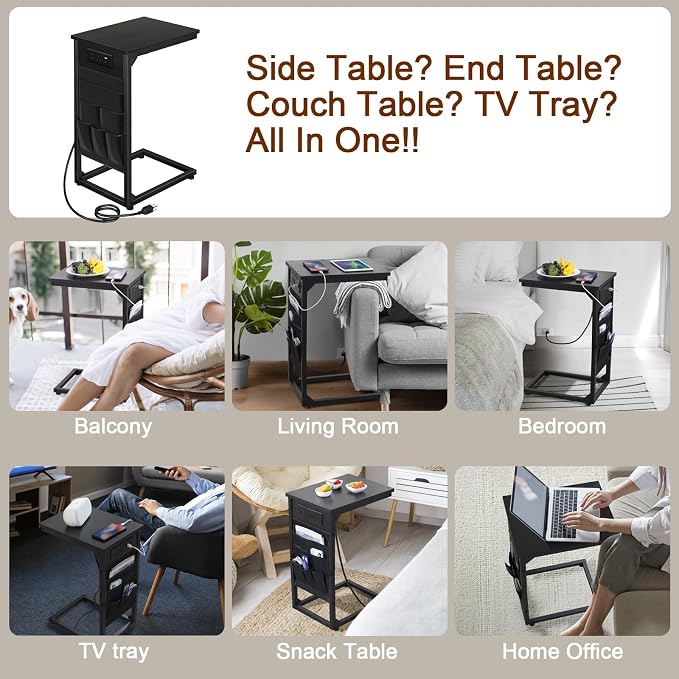 AMHANCIBLE C Shaped End Table with Charging Station, Couch Side Tables that Slide Under Sofa with Storage Bag, Slim TV Tray with USB Ports for Living Room, Bedroom, Black, HET04CBK
