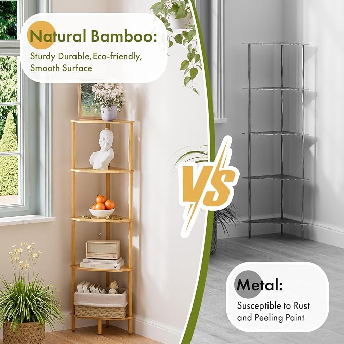 Corner Shelf, 5 Tier Bamboo Corner Bookshelf, 54" Tall Narrow Bookcase, Plant Stand, Corner Display Rack, Shower Caddy, Display Standing Shelf Organizer for Bedroom, Living Room, Kitchen, Home Office