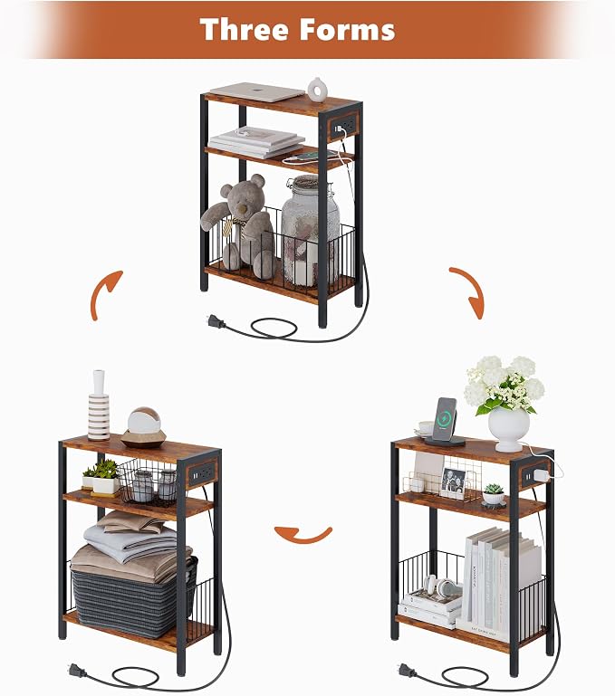 TRIFEBLE Narrow Side Table with Charging Station, Small End Table for Small Spaces, Slim Nightstand with Storage Basket, 3 Tier Skinny Bedside Table for Living Room, Bedroom, Rustic Brown