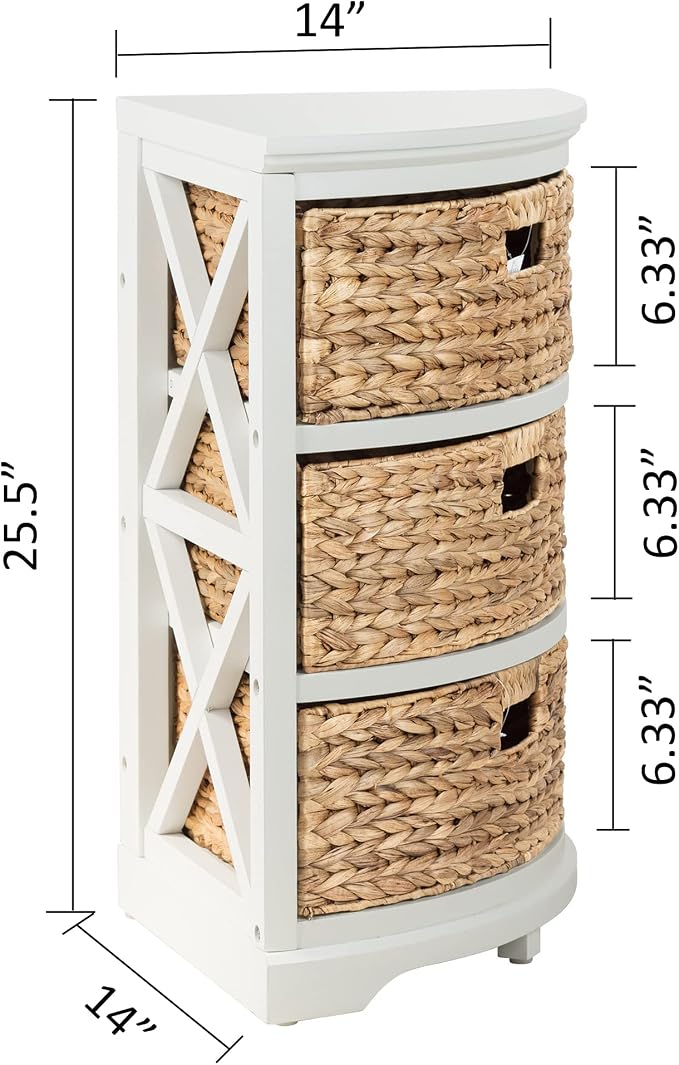Hampton Meadows 3-Tier End Table with Storage Baskets, Narrow Side Table for Small Spaces, Farmhouse Nightstand and Corner Accent Table with 3 Water Hyacinth Woven Baskets, White, 14 x 14 x 25.5 Inch