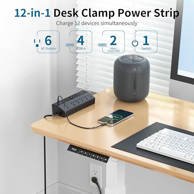 Desk Clamp Power Strip 6FT with 40W USB C Ports, JXGUCAT Flat Plug Desk Mount Power Strip Surge Protector, Removable Extension Cord with 2 USB-C Ports 6 Outlets, Fits 1.8" Tabletop Edge, Black
