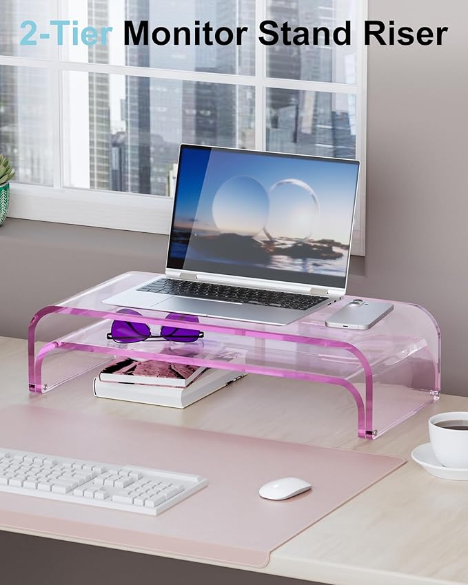 Acrylic Dual Monitor Stand Riser 2 Tier, Modular Laptop Stand for Desk, Multifunctional Desktop Organizer Shelf for PC, iMac, Printer, Detachable Monitor Stand for Office or Home, Pink