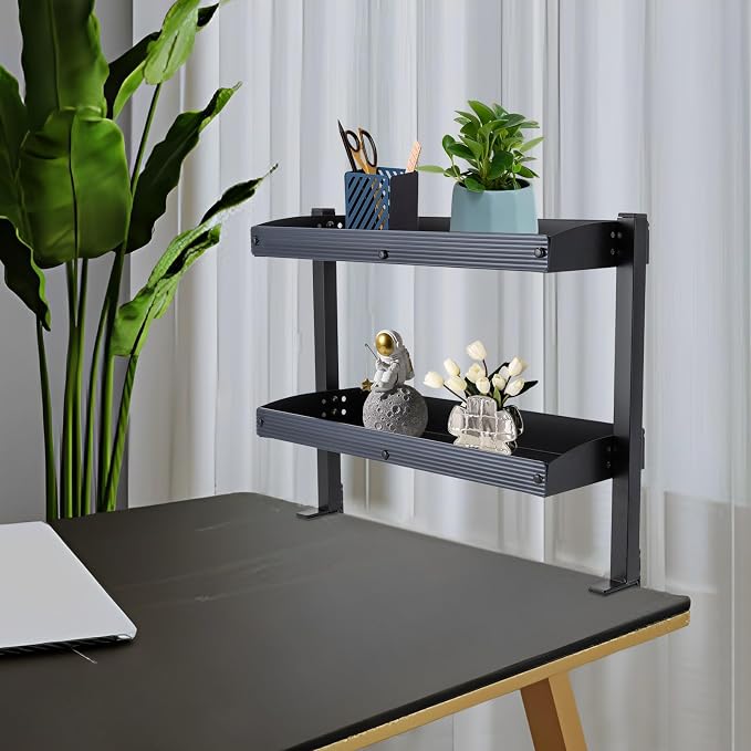 Clamp-on Desk Shelf, Desktop or Under-Desk 2-Tier Shelving Unit with Adjustable Metal Storage Tray, Clip-on Desk Shelf Office Organization (Black)