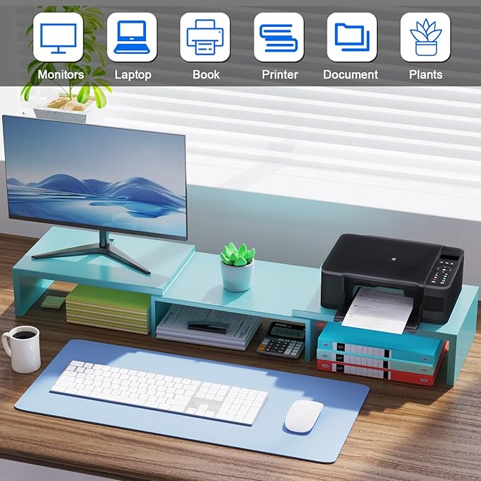 Dual Monitor Stand for Desk, Metal Computer Stand, Desk Shelf Riser,Desktop Organizer for Home and Office Use (Blue)