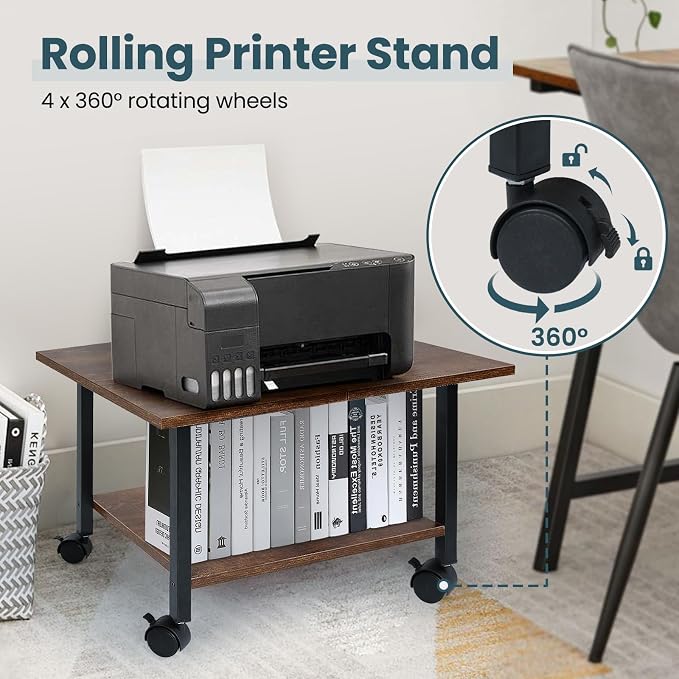 SwaaVee Printer Stand, 2-Tier Under Desk Printer Stand, Printer Cart with Wheels for Home, Office, Heavy-Duty Storage Shelf, Rustic Brown