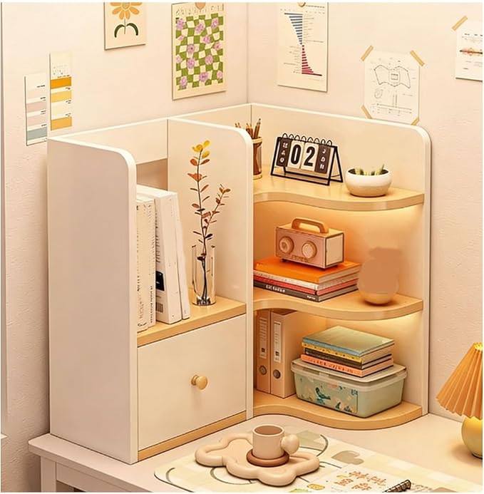 Corner Desk Shelf Organizer – 3-Tier Wooden Desktop Bookshelf, Freestanding Display Rack for Home Office, Dorm, American Style Storage Shelf(White,49x30cm/19.7x11.8in)