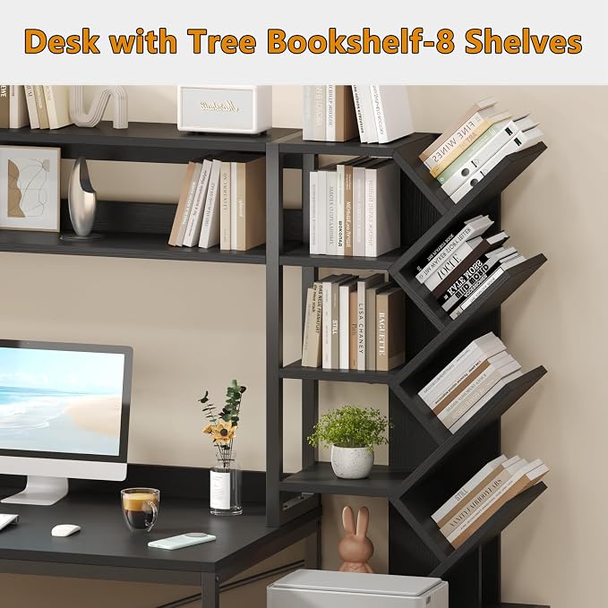 YOMILUVE Reversible Computer Desk with Hutch, Home Office Desk with Drawers and Bookshelf, 52'' Study Writing Desk with Storage Shelves for Bedroom Home Office, Black