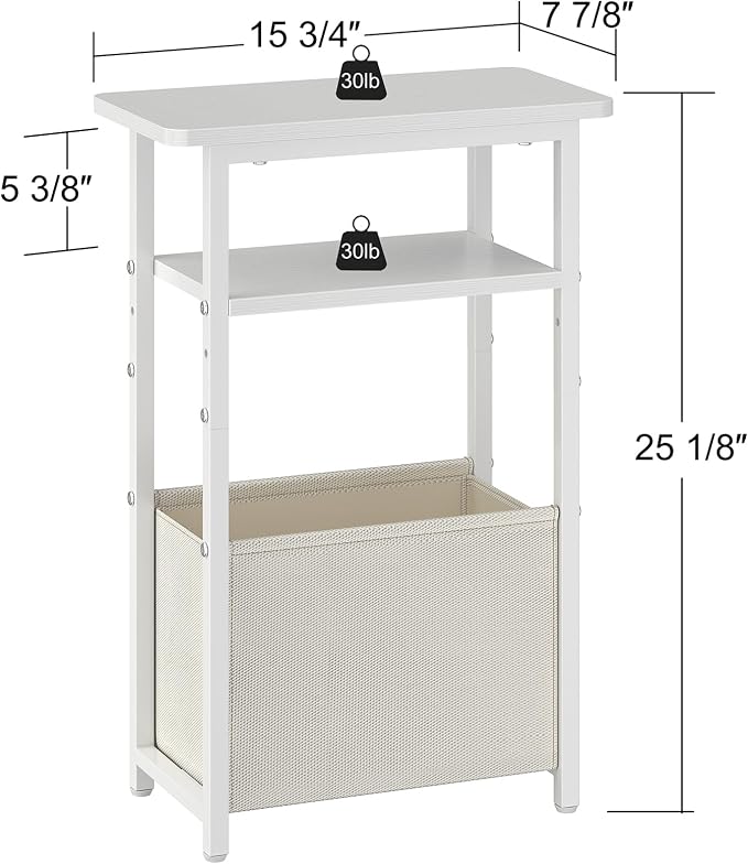 sthmec Narrow Side Table, Skinny End Tables with Fabric Basket, Small Side Tables for Small Space, 2-Tier Open Shelves with Basket, Slim Nightstands for Bedroom,Living Room,Office, White
