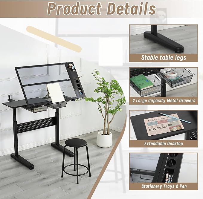 Adjustable Drafting Table with Hand-Crank Lift, 0-75° Tilting Tempered Glass Art Desk with Metal Drawers & Slide-Out MDF Side Table, Height Adjustable 29.5"-41.3" Drawing Desk with Storage & Stool