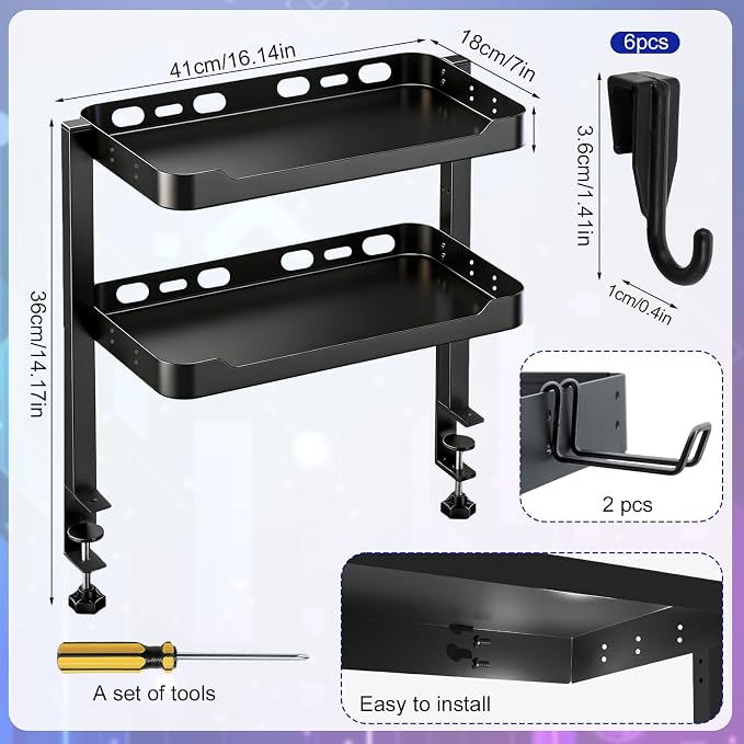 2-Tier Clamp on Desk Shelf, Dual-purpose Desk Organizer (Used on or Under Desk Storage), Desk Shelf Clamp with Hooks and High Load-bearing capacity, Suitable for Office Desk, Gaming Accessories