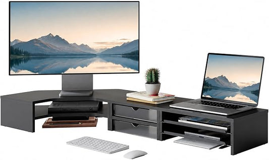 Fenge Dual Monitor Stand, 2-Tier Corner Monitor Riser with Drawer and Slide-out Tray, Triangle Desktop Shelf Organizer for Laptop Computer Printer Home Office Desk, Black