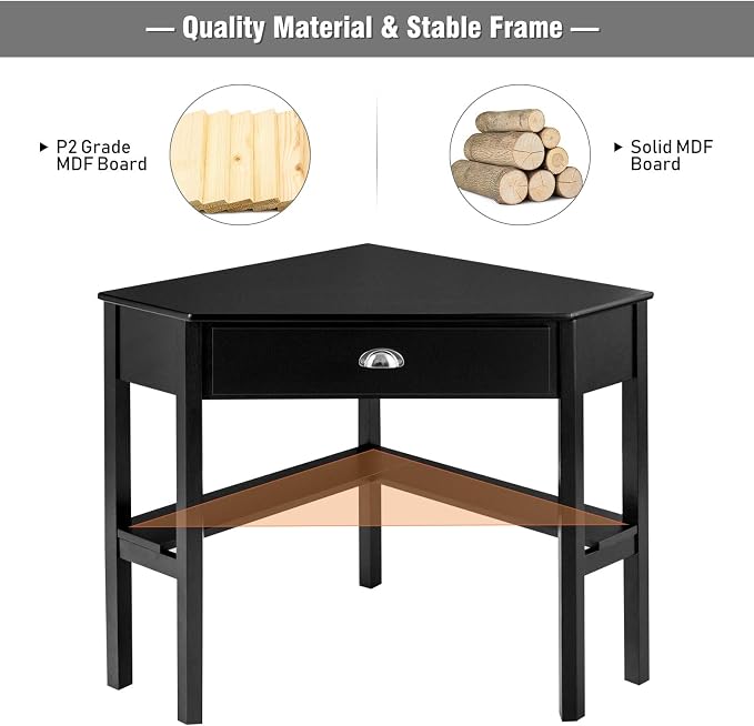 HOMGX Corner Desk, Writing and Study Corner Computer Desk, Laptop PC Table, Wood Home Office Desk, Small Corner Desk with Storage Drawer, Shelves, Office Study Workstation (Black)