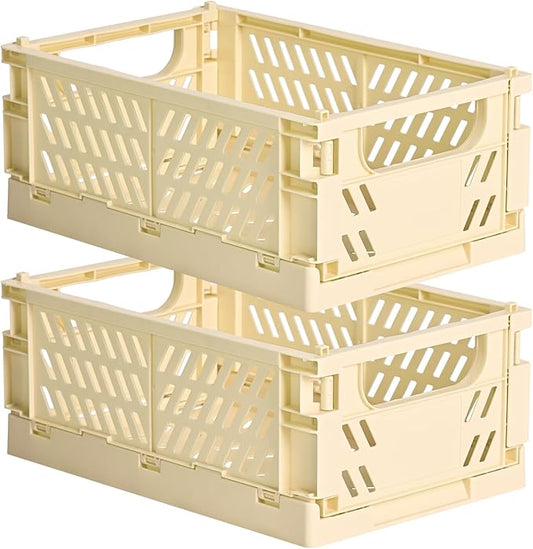 HUUSMOT 2-Pack Small Pastel Plastic Storage Baskets, Collapsible Crates for Organizing, Space-Saving Mini Bins for Classroom, Kitchen, Office, Bedroom (Yellow, 9.8" x 6.5" x 3.8")