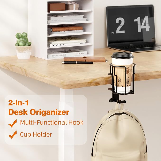 Large Desk Cup Holder, 2-in-1 Clip On Cup Holder with Headphone Hook, Heavy-Duty Metal Drink Holder for Insulated Tumblers, Big Water Bottles, Fits Office Desk Organizer, Dorm, Gaming Setup (2 Pack)