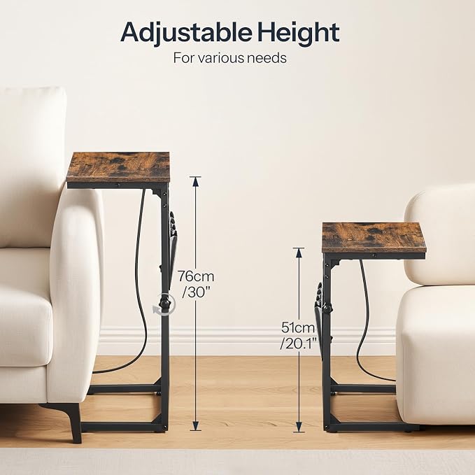 HOOBRO C Shaped End Tables with Charging Station, Set of 2, 30” Adjustable Height Sofa Side Tables, Slide Under Couch Tables for Sofa Arm Tray, for Living Room, Bedroom, Rustic Brown BF77USFP201