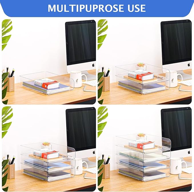 LALOBLUE Stackable Letter Tray Desk Organizer, Set of 4 Clear PET Paper & File Organizers, Document Storage for Office Supplies