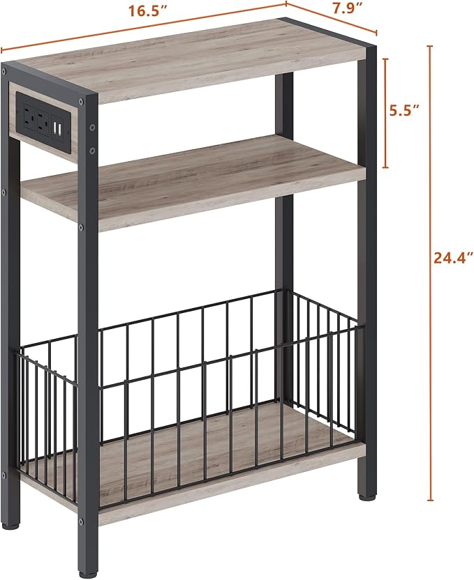 TRIFEBLE Narrow Side Table with Charging Station, Small End Table for Small Spaces, Slim Nightstand with Storage Basket, 3 Tier Skinny Bedside Table for Living Room, Bedroom, Greige