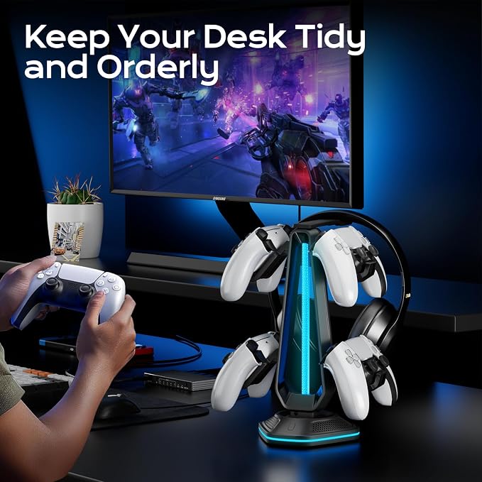 Saitake RGB Controller Holder with 9 Light Modes,Controller Stand with 2 USB Ports,Headset Stand for Desk-Headphone Holder Suitable for Xbox PS4 5 Switch Controllers Gaming Room Deco