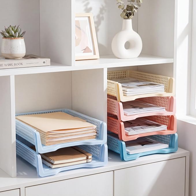 Tenceur 6 Pcs Turn in Trays Classroom, Stackable Tray for Classroom Plastic Storage Baskets Teacher Organizers for Library Drawers Office Desk (Trendy,Soft Color,13.3 x 9.5 x 2.7 Inches)
