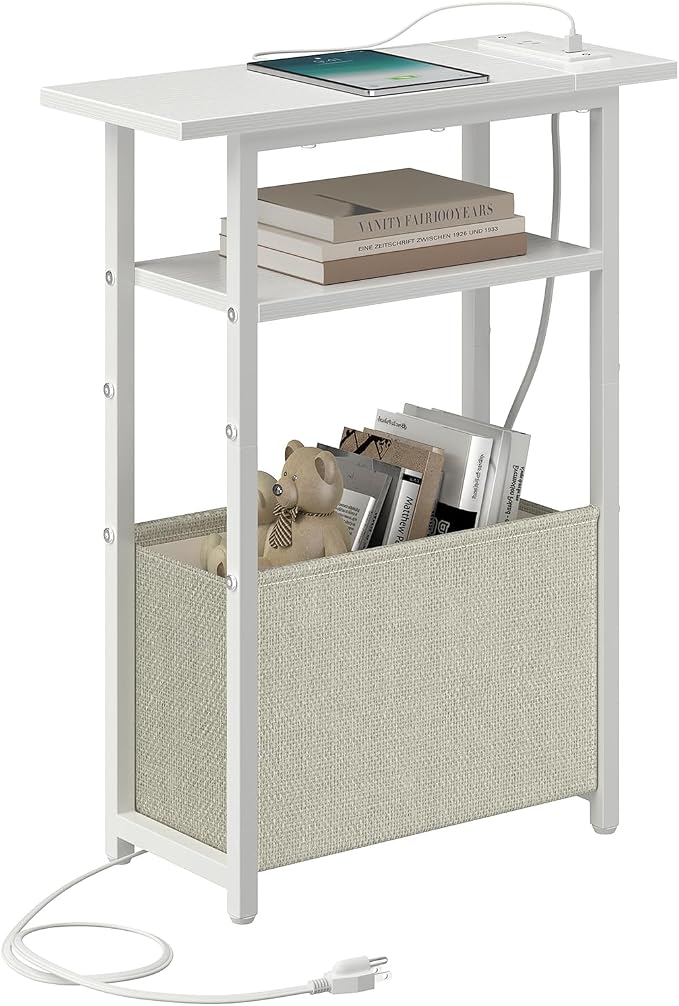 sthmec Narrow Side Table with Charging Station, Small End Table for Small Spaces, Skinny Nightstands with Storage Basket, 3 Tier Sofa Couch Bedside Tables for Living Room,Bedroom, White