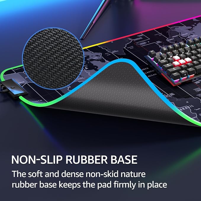 KTRIO RGB Large Gaming Mouse Pad, 31.5 x 15.7 in, RGB World Map, XXL | Smooth Micro-Weave Surface, RGB Lighting Design, Non-Slip Rubber Base, Durable Stitched Edges, Office & Home Use