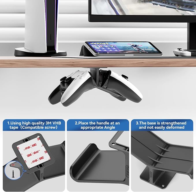 Controller Holder,Headphone Stand Headset and Controller Stand Under Desk Controller Holder with Strong Double Sided Tape Universal Design for Xbox ONE, PS5, PS4, PC