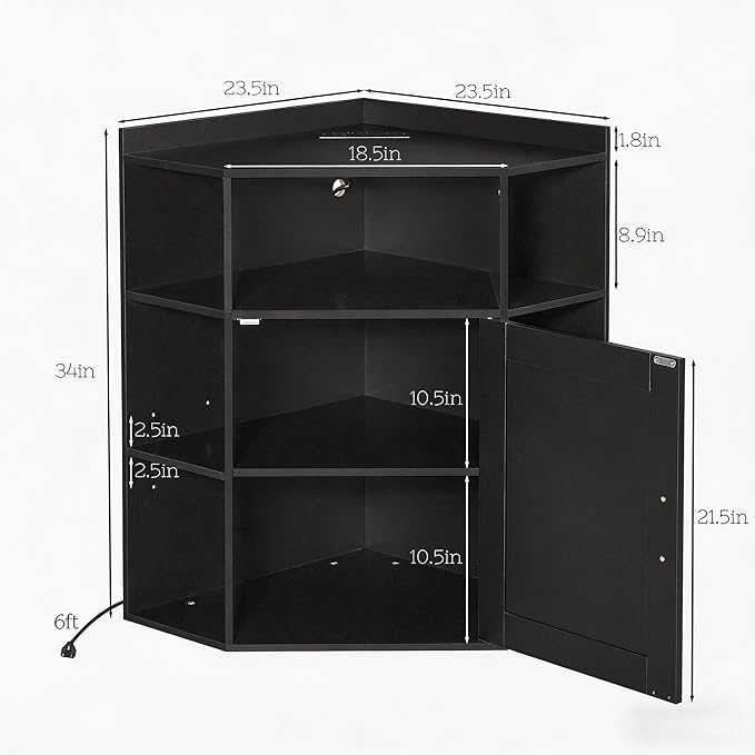 VECELO Corner Storage Cabinet with Charging Station, 34" Shelf with Door & Adjustable Shelves, Organizer for Living Room, Office & Gaming Setup, Fits Monitors up to 43" TV, Black