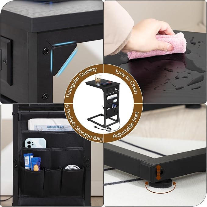 AMHANCIBLE C Shaped End Table with Charging Station, Couch Side Tables that Slide Under Sofa with Storage Bag, Slim TV Tray with USB Ports for Living Room, Bedroom, Black, HET04CBK