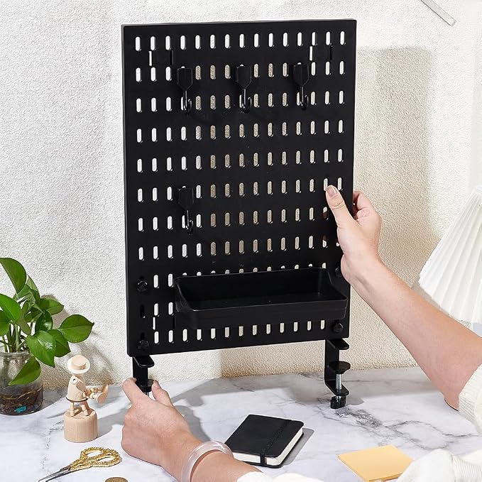 PH PandaHall Clamp-on Desk Pegboard Black Plastic Peg Board Organizer, 16.3x11.6 inch No Drill Desk Side Storage Organizer for Office Gaming Home Desktop Standing Accessories