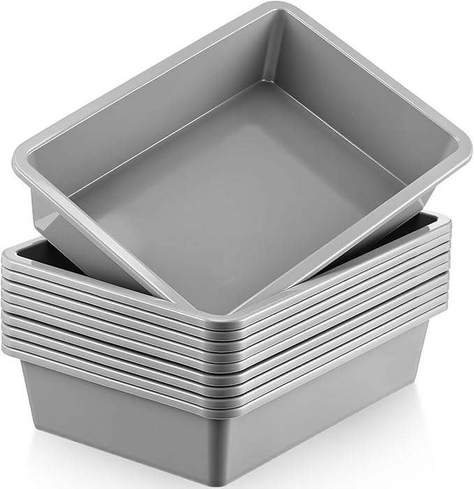 Hoteam 10 Pcs Flat Storage Organizer Tray Bin Paper Tray for Classroom Plastic Stackable File Organizer for School Office Teacher Book Organization(Gray,13.78 x 9.84 x 3.15 Inch)