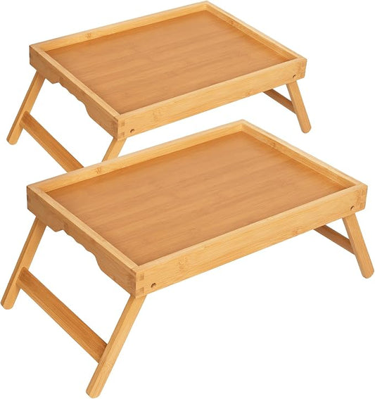 Large Breakfast Tray with Folding Legs Set of 2, 16.9" x 12.2" Bamboo Bed Tray Table with Ergonomic Wave Handles, Foldable TV Dinner Tray for Bed Couch Sofa, Breakfast, Laptop, Coffee, Natural
